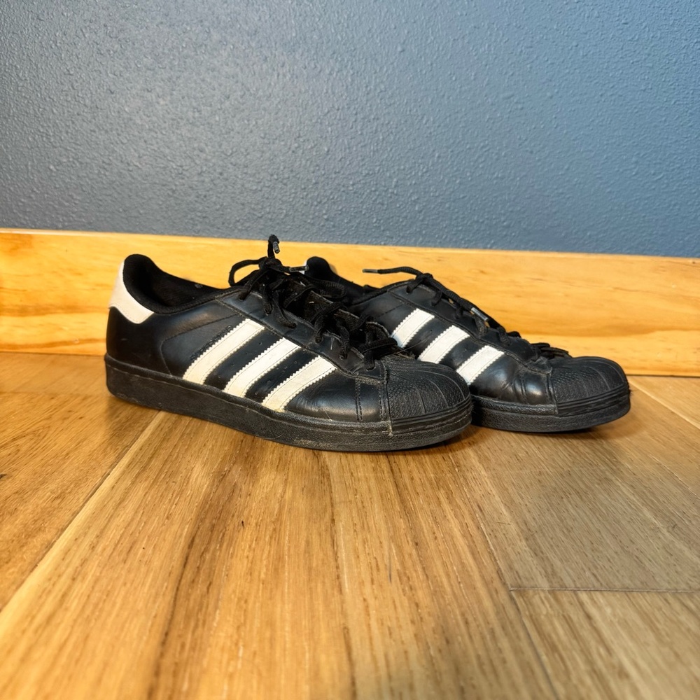 Adidas Shell Toe Leather Black and White Stripe Sneakers Men’s Size 6.5/Womens 8 - Picture 2 of 11
